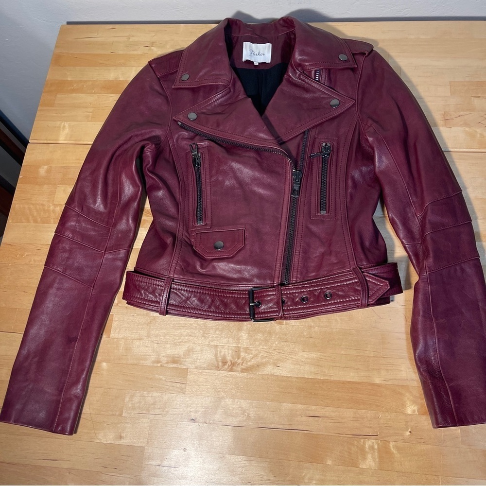 Parker Belfast Burgundy Leather Moto Biker Jacket Belted Motorcycle XS